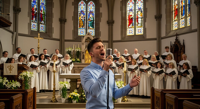 Young adult male singer holding a microphone performing emotional worship song at a traditional church sanctuary during a holy Easter Sunday religious service with praise and gospel music.