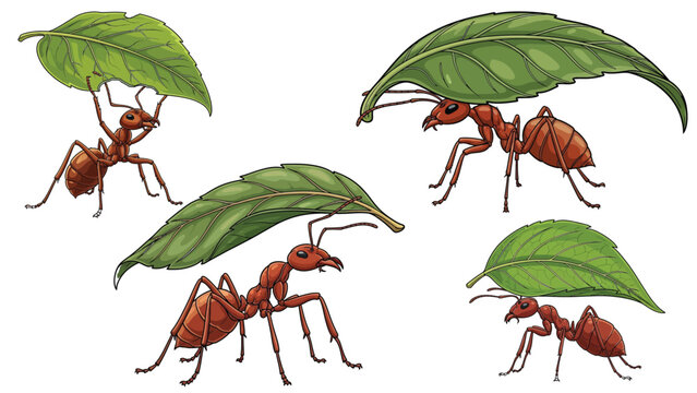 Leafcutter Ants Carrying Green Leaves Vector Set, Realistic Red Worker Ants Isolated on Transparent Background