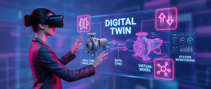 Woman using VR headset interacts with digital twin pump simulation in futuristic interface