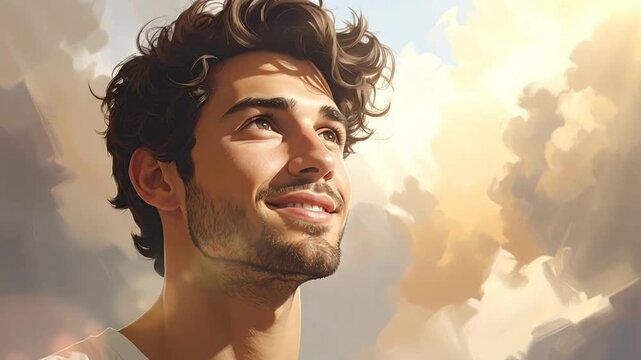 Young man with curly hair looking up towards a bright, painterly sky with clouds.
