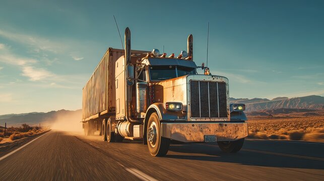 Timeless big rig tractor with polished chrome fittings hauling cargo on an open road
