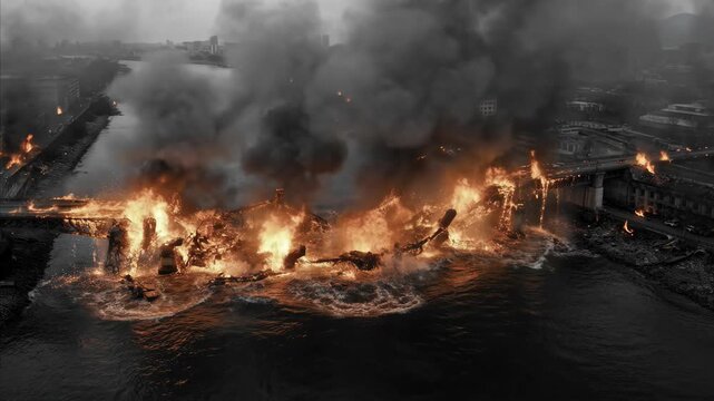 City bridge burning and collapsing over a river, heavy smoke rising into sky, buildings on fire on both banks, scene of immense urban destruction during wartime.