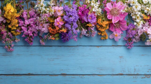 Top-down border of colorful spring flowers on a blue wooden background