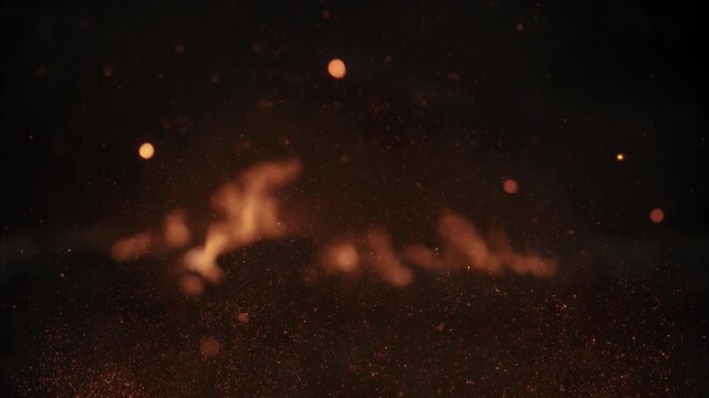 Burning embers and fiery sparks illuminate dark background, representing destruction of city after intense shelling and bombing during period of widespread wartime conflict