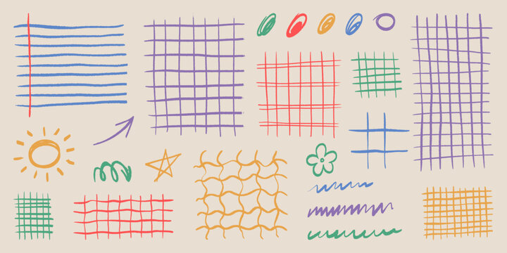 Hand drawn grid pattern with pencil doodle lines or color crayon strokes, cartoon vector texture on white background. Abstract checkered sketch elements for creative school design, scribble icon