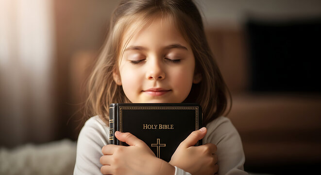 Peaceful young girl embracing Holy Bible book with closed eyes while praying, innocent child holding sacred scripture with devotion and faith in a spiritual religious moment.