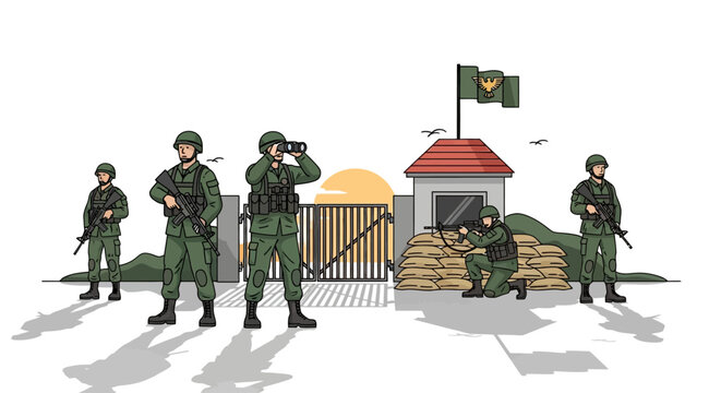 Soldiers standing guard at checkpoint.