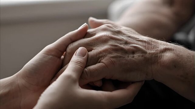 Close up view of young hand gently holding and caressing wrinkled hand of older person, showing intergenerational connection, support, and loving care Father's Day holiday concept