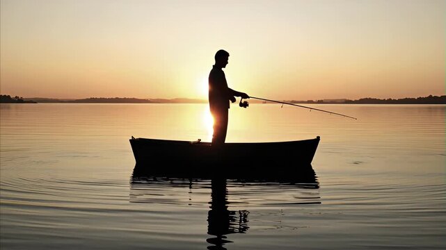 Silhouette of man fishing from boat on calm lake water at sunset with vibrant orange sky and distant landforms on horizon creating peaceful scene, Father's Day holiday concept