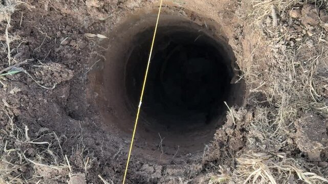 Deep round post holes yellow string preparation for concrete pouring with supports, even spacing across compacted soil, top down
