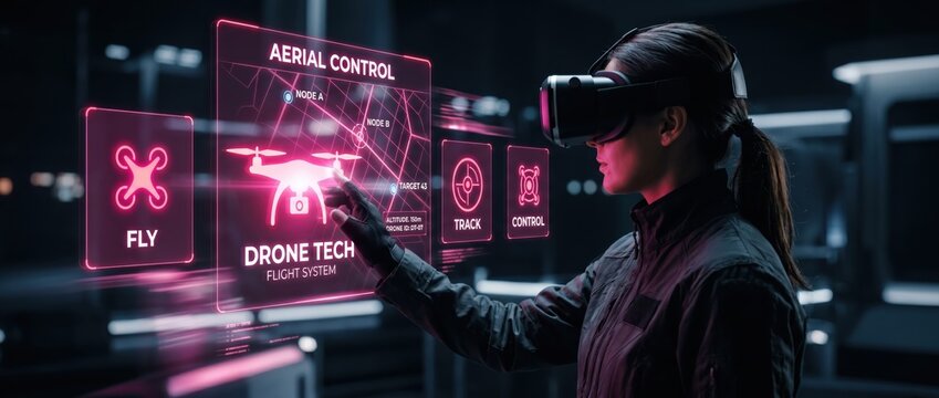 Woman wearing VR headset interacting with holographic drone control interface in a futuristic setting