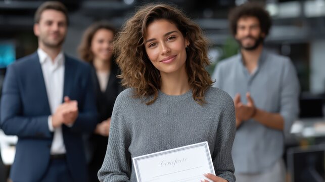 A confident young woman holds a certificate while three colleagues applaud her achievement in a professional indoor setting.