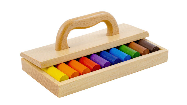Wooden crayon box with colorful wax crayons inside