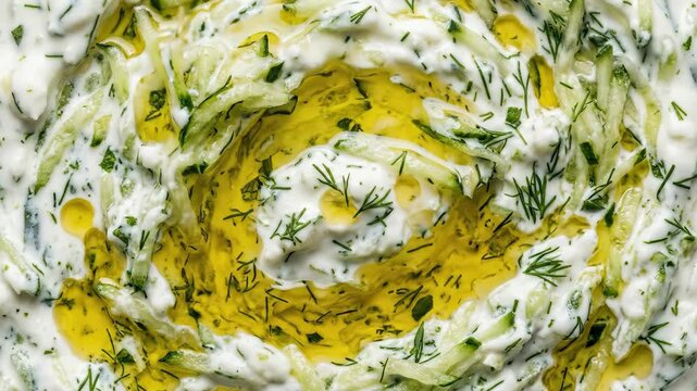 Olive oil being drizzled over tzatziki sauce with cucumber and dill. Homemade greek yogurt salad dip with herbs. Fresh healthy appetizer drizzling concept.
