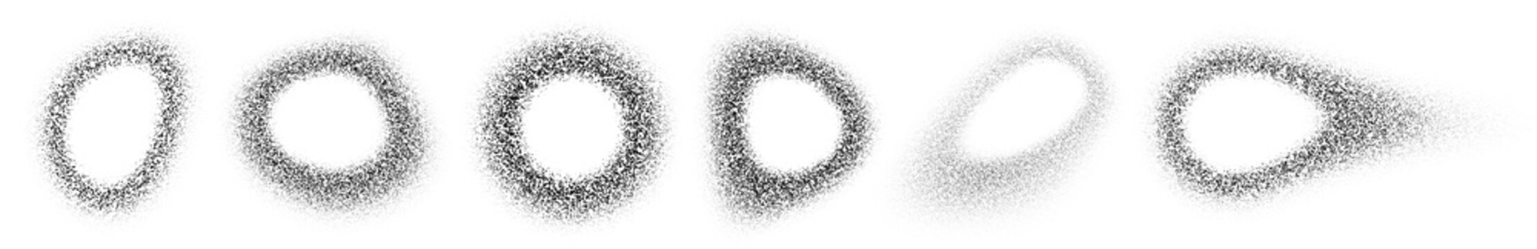 Set of dot rings with grainy gradient texture isolated on white background. Vector realistic illustration of abstract circles dissolved into scattered particles, stipple gradation design elements