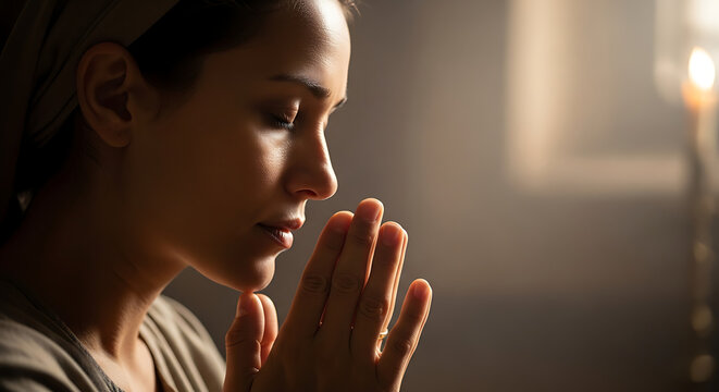 Serene adult woman engaged in solemn prayer with folded hands exhibiting biblical devotion spiritual reflection and humble hope within a peaceful religious environment.