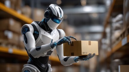 Fototapeta premium A humanoid robot inspects a cardboard box in an industrial warehouse setting, showcasing advanced automation and robotics technology.