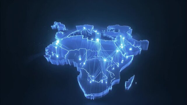 Glowing three dimensional map outline of Africa and Middle East shows expanding digital connections and network data flow, representing global technology and communication development map of the Middl