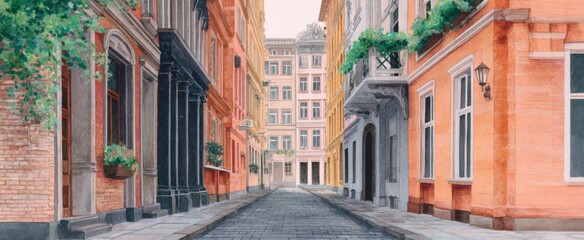 Fototapeta premium Historic city lane with charming buildings watercolor backdrop for poster or invitation.
