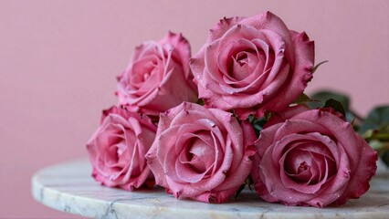 Fototapeta premium Pink Roses Bouquet on Marble Table with Dew Drops, Romantic Style