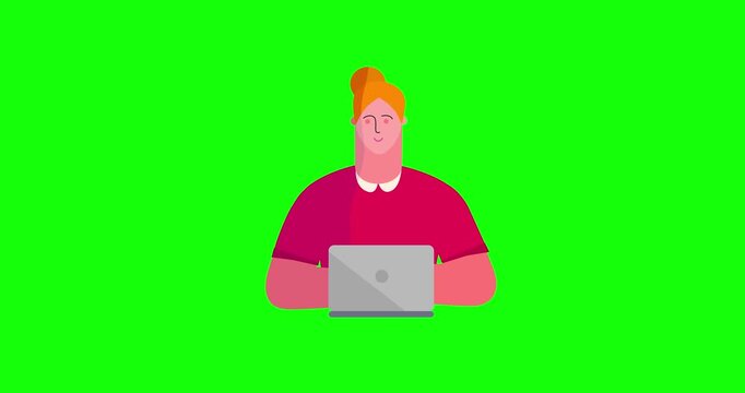 Animated second woman body front side scene laptop greenbox. Cartoon animation of businesswoman smiling working. Business explainer flat design people serie movie female with computer work scene video