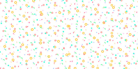 Fototapeta premium Colorful confetti flying on white background. Vector illustration of seamless pattern with rainbow color circles and dots sprinkles in air, holiday gift wrapping design, birthday party decoration