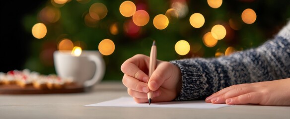 Fototapeta premium A child's hand joyfully creating a holiday card with cocoa and gingerbread nearby.