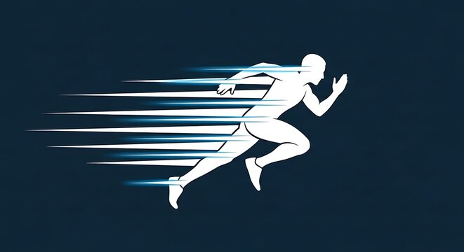 Abstract silhouette of a runner moving fast with motion trails and speed lines on dark blue background