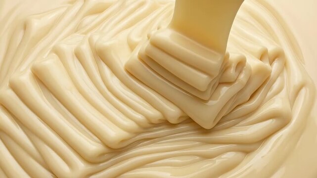 Thick condensed milk pouring into a bowl. Sweet creamy liquid texture creating ripples and folds. Culinary ingredient for dessert preparation and food styling.