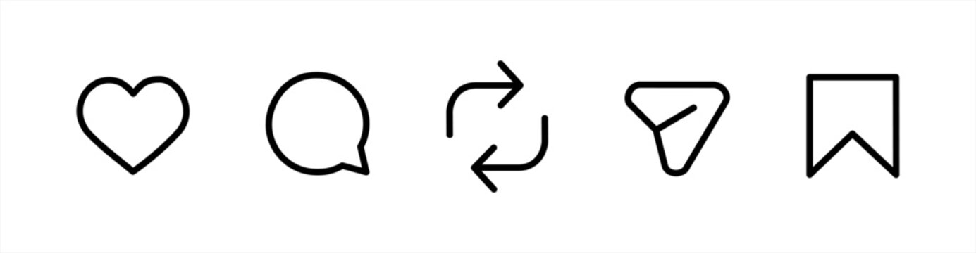 instagram newly updated like, comment, repost, share, save icons. vector ui outline icon set 2026. social media interaction symbols