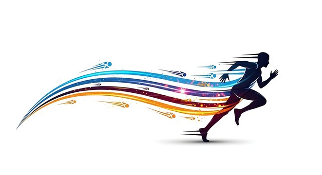 Athlete sprinting with vibrant speed motion trails on white background for sports and energy concepts