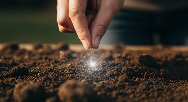 Hand of a woman gently dropping a single grain into fertile dark earth, symbolic of hope, agricultural cultivation, organic farming, new beginnings, and the biblical parable of the sower.
