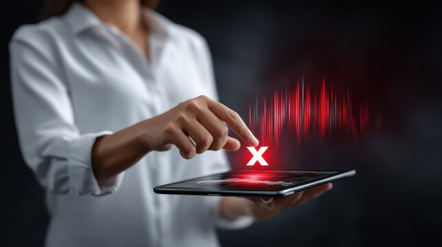 A person interacts with a digital tablet displaying a red "X" and soundwave graphics, symbolizing audio error or cancellation in a modern tech environment.