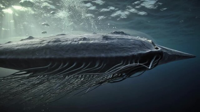 A massive prehistoric creature swims through the dark ocean water in a video