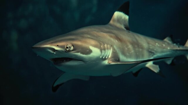 A shark swims through dark ocean water in this captivating video
