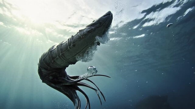 A giant squid swims through the dark ocean water in a video