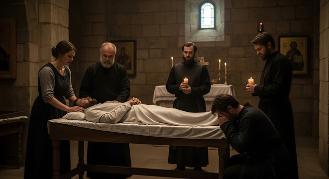Mournful group of grieving people gathered around a deceased male figure wrapped in white linen shroud, dramatic religious holy week passion play scene with somber expression of sorrow.