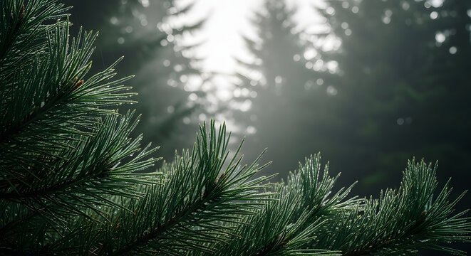 A vertical composition featuring pine needles in the foreground covered in morning mist
