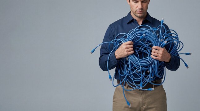 Professional man holding a messy coil of blue ethernet cables for networking