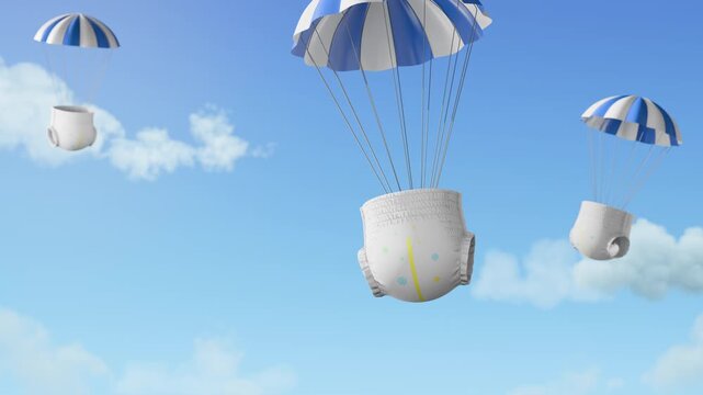 3D animation of baby pull-up diapers floating with parachutes in a blue sky. The gentle motion highlights lightness, softness, and a playful, carefree feeling, baby diaper advertising.