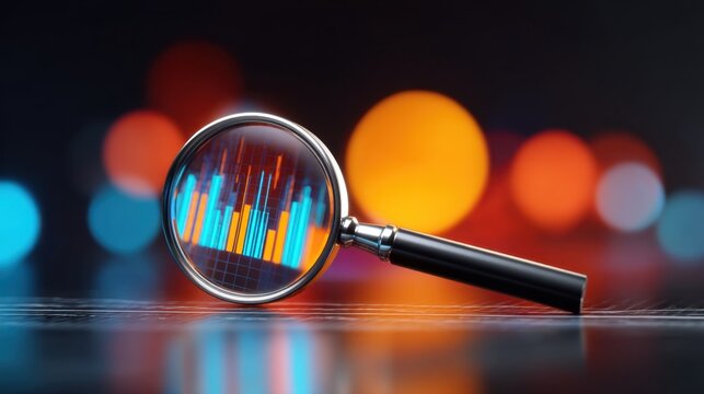 Close-Up Shot of a Magnifying Glass Over Colorful Graphical Elements with Blurry Background and Distinct Bokeh Effects in Standard Quality Visuals