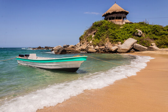 Boat at Cabo beach in Tayrona National Natural Park, Colombia