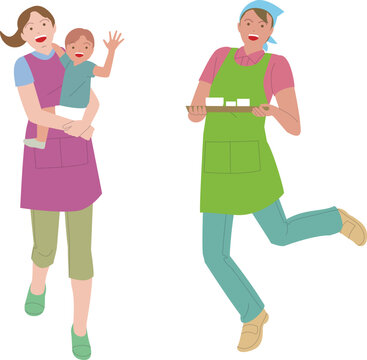 保育士の男性と女性。元気で働くイメージのイラスト。