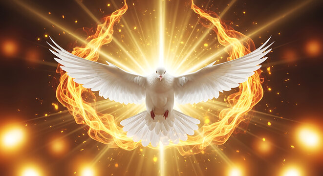 Majestic white dove soaring through a divine explosion of golden radiance and celestial fire representing the holy spirit in a symbolic spiritual or religious Christian epiphany scene.