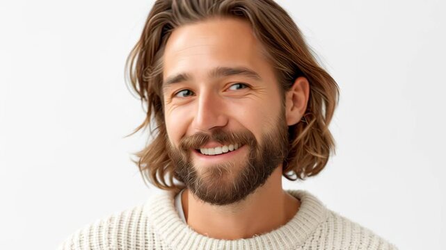 portrait of a smiling young man with long hair and a beard, wearing a sweater, isolated on a white background.