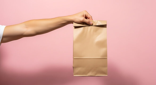 A person's arm holding a brown paper lunch bag against a pink background.
