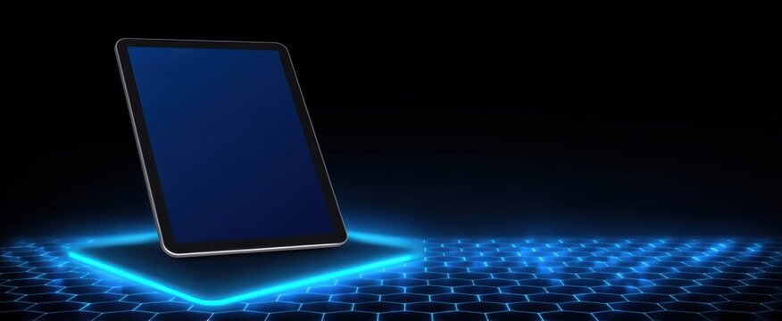 tablet mockup on vibrant 3D square platform with glowing neon blue geometric patterns and tech details