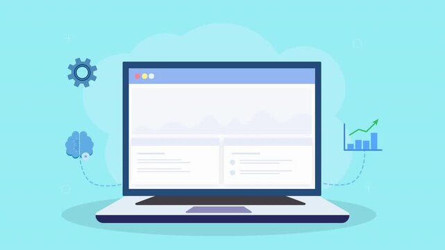 Animated laptop displaying AI automation dashboard with brain icon, system settings gear, and data analytics elements in clean flat design on teal background.