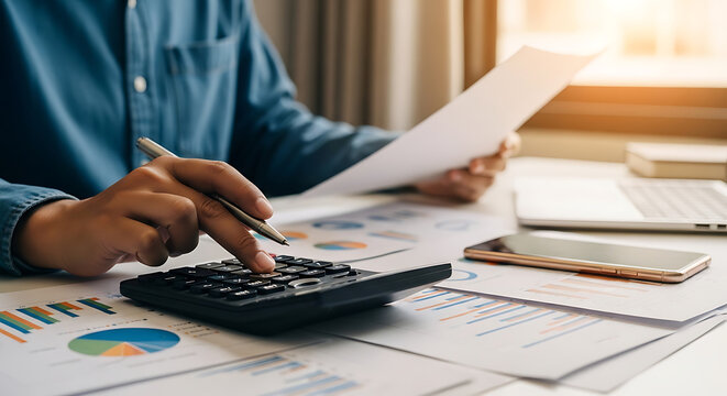 A person using a calculator and reviewing financial documents at a desk with a laptop and smartphone.
