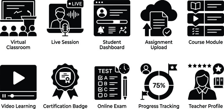 online education icons, e learning symbols, digital learning graphics